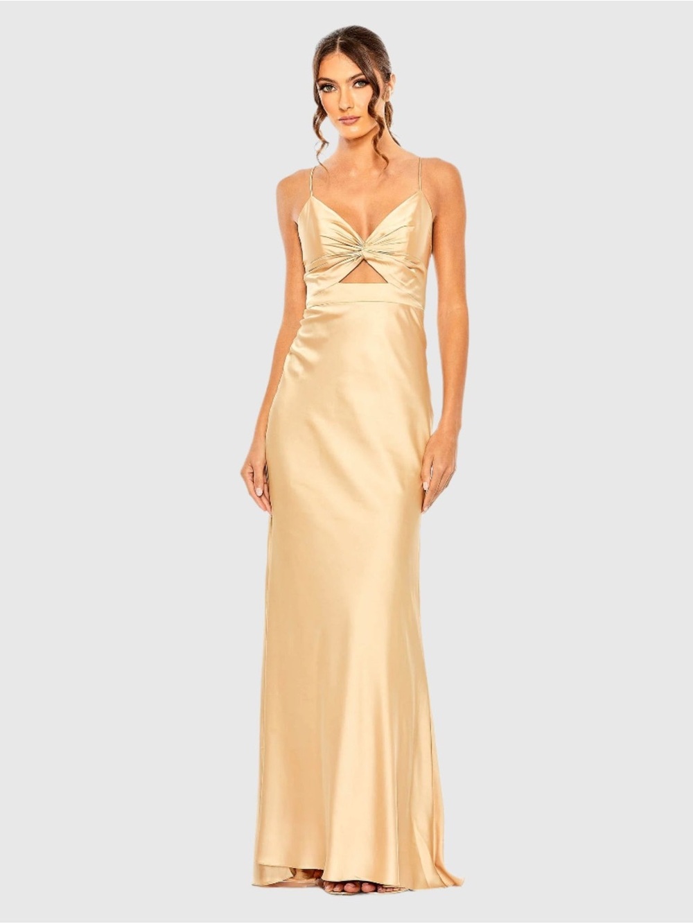 Mac Duggal 68347 Knot Front Cutout Detail Satin Gown Sz 12 Champagne. Just in!